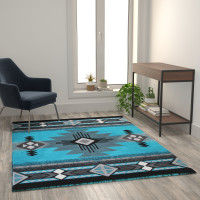 Flash Furniture ACD-RGC318-57-TQ-GG Mohave Collection 5' x 7' Turquoise Traditional Southwestern Style Area Rug - Olefin Fibers with Jute Backing